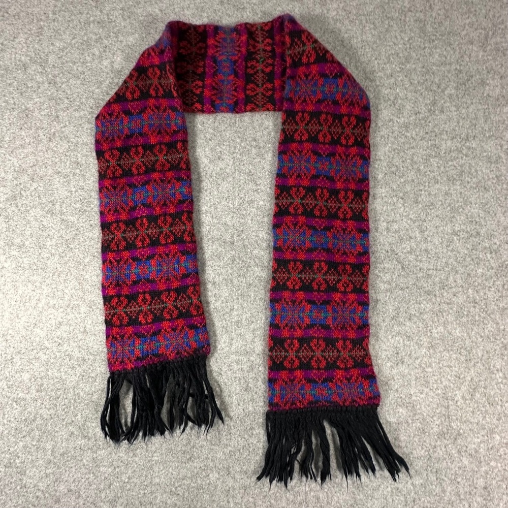 Aris Knit Scarf OS Multi Red Blue Unisex Vintage Fair Isle Fringed Acrylic